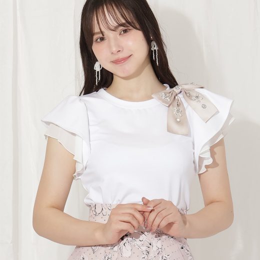 【SALE／40%OFF】WILLSELECTION ビジューリボン付き袖フリルプルオーバー ウィルセレクション トップス カットソー・Tシャツ ピンク ホワイト ベージュ【送料無料】