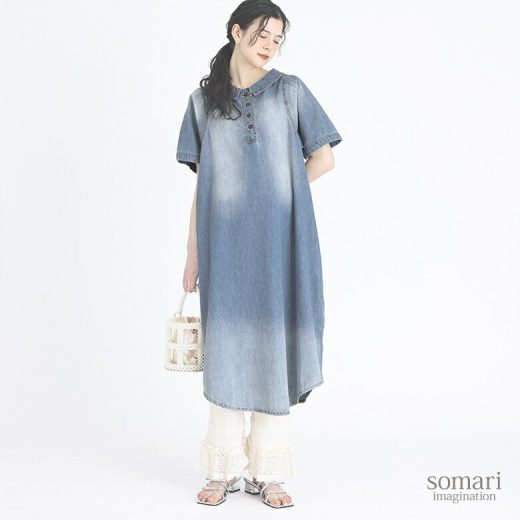 【5/10 23:59迄クーポンで20％OFF】デニム ワンピース レディース ロングワンピース 半袖 襟付き シャツワンピ シャツワンピース ロングワンピ デニムワンピース ロング ミモレ 綿100％ コットン レイヤード 重ね着 春 夏※メール便可※【10】