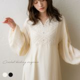 NOAHL｜《40％OFFクーポン対象》【メール便】 ドッキング ワンピース レディース楊柳 長袖 ロング クロシェ編み ボリューム袖 ゆったり Vネック フレア アイボリー ブラック 黒 ノアル 250521