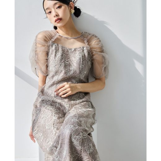 niana 刺繍レースギャザースリーブドレス パーティードレス オケージョンドレス 結婚式 ビーフラット ワンピース・ドレス ドレス グレー イエロー ブルー ネイビー【送料無料】