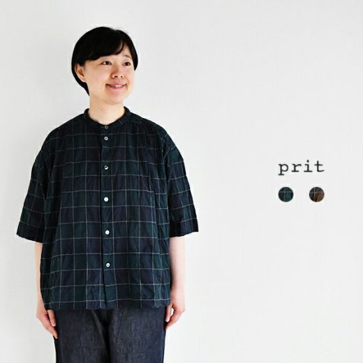 prit 60/1シャーリングチェック5分袖スタンドカラータックブラウス