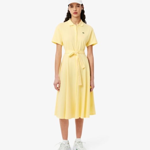 鹿の子地シャツドレス ドレープフレアワンピース LACOSTE ラコステ ワンピース・ドレス シャツワンピース イエロー ブルー ネイビー【送料無料】[Rakuten Fashion]