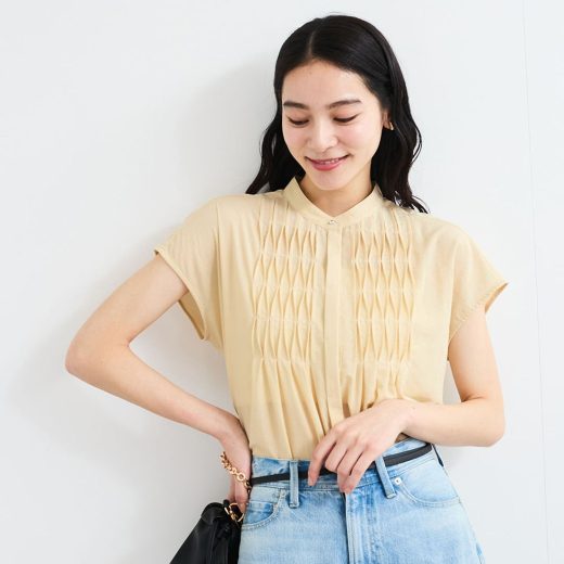 VIS 【接触冷感/洗える】気流染めスモッキングブラウス ビス トップス シャツ・ブラウス ブラック ホワイト ピンク ブルー イエロー【送料無料】