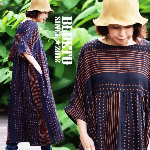 BLUETO ブルート ワンピース レディース 五分袖 すっきり 着痩せ ワイド 夏 軽い 涼しい 重ね着 かっこいい 紫外線対策 綿100 コットン 薄手 レトロ 柄 大人 カジュアル パティ 【メール便50】