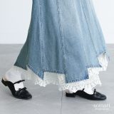 【10％OFF】【送料無料】デニムスカート ロングスカート レディース ボトムス 春 夏 秋 冬 マキシ丈 レース ペチコート コットン100％ アシメ 変形 ボリューム ティアード スカラップ 3way 着回し オシャレウォーカー◇【メール便不可】【30】