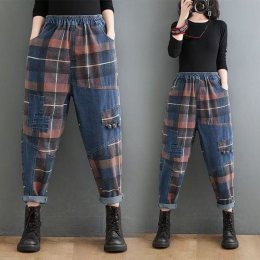 ジーンズ デニム サルエルパンツ デニム 夏 チェック柄 パンツ ボトムス レディース 九分丈 ジーパン デニムパンツ ウエストゴム 着痩せ 美脚 通勤 ゆったり ズボン カジュアル おしゃれ 通学 きれいめ 春 夏 秋 コーデ SLTD020(M-3XL)