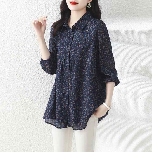 ファッション 服 オシャレ カワイイ シンプル 大カワイイ サイズ 婦服 花柄 シフォン シャツ 春秋 ミドル丈 長袖