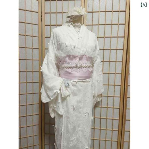 着物　浴衣　レディース 春の 白い 立体的な 蝶の レースの 着物 浴衣 レディース 伝統的な フォーマルドレス 二 重 和洋の スタイル