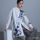 シャツ レディース ユニセックス トップス 長袖シャツ ロングシャツ ボタンシャツ ロング丈 プリント モード 襟付き 抜き襟 アシンメトリー アシメ ペイント柄 柄シャツ スリット ハイデザイン※メール便可※【10】