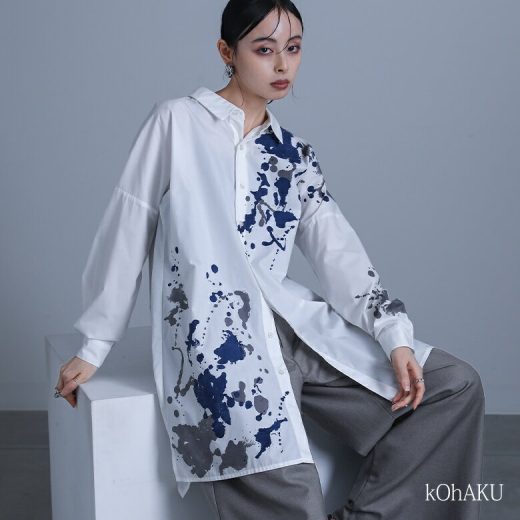シャツ レディース ユニセックス トップス 長袖シャツ ロングシャツ ボタンシャツ ロング丈 プリント モード 襟付き 抜き襟 アシンメトリー アシメ ペイント柄 柄シャツ スリット ハイデザイン※メール便可※【10】