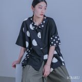 シャツ トップス ブラウス 春 夏 レディース 半袖 五分袖 ドット柄 無地 アシンメトリー アシメ オーバーシャツ バイカラー 羽織 オシャレウォーカー※メール便可※【10】
