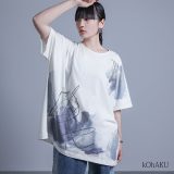 Tシャツ トップス レディース ユニセックス 春 夏 カットソー 半袖 五分袖 ドルマン アシンメトリー 線画 ペイント プルオーバー 配色 タック オシャレウォーカー※メール便可※【10】