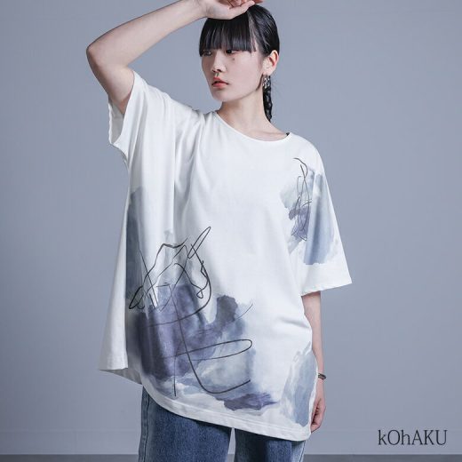 Tシャツ トップス レディース ユニセックス 春 夏 カットソー 半袖 五分袖 ドルマン アシンメトリー 線画 ペイント プルオーバー 配色 タック オシャレウォーカー※メール便可※【10】