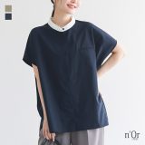 ブラウス シャツ 春 夏 レディース トップス 半袖 襟付きシャツ 配色 無地 バンドカラー 胸ポケット ラウンドヘム 上品 カジュアル モード ゆったり 体型カバー 大きいサイズ 二の腕カバー オシャレウォーカー※メール便可※【10】
