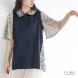 ポロシャツ トップス レディース シャツ プルオーバー ボタンシャツ 襟付きシャツ 柄シャツ 半袖 五分袖 レース 花柄 ブラウス 襟付き フレアスリーブ 配色 異素材 無地 綿100％ 春 夏 オシャレウォーカー※メール便可※【10】