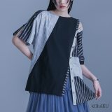 Tシャツ カットソー 春 夏 レディース トップス 半袖 五分袖 綿100％ 異素材 アシンメトリー 肩あき スラッシュ 変形 肌見せ オシャレウォーカー※メール便可※【10】