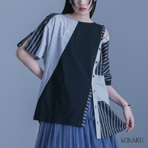 Tシャツ カットソー 春 夏 レディース トップス 半袖 五分袖 綿100％ 異素材 アシンメトリー 肩あき スラッシュ 変形 肌見せ オシャレウォーカー※メール便可※【10】