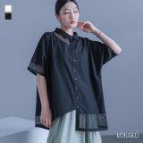 シャツ レディース トップス ブラウス ロングシャツ ボタンシャツ 半袖 五分袖 襟付き アシンメトリー アシメ 変形 メッシュ 無地 タック ドロップショルダー 肌見せ オーバーサイズ 春 夏 オシャレウォーカー※メール便可※【10】