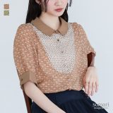 ブラウス レディース トップス シャツ ボタンシャツ 前開きシャツ 春 夏 半袖 五分袖 ぽわん袖 総柄 レトロ柄 無地 襟付き ボタンシャツ ボザム 配色 ギャザー ヨーク 薄手 涼しい オシャレウォーカー※メール便可※【5】