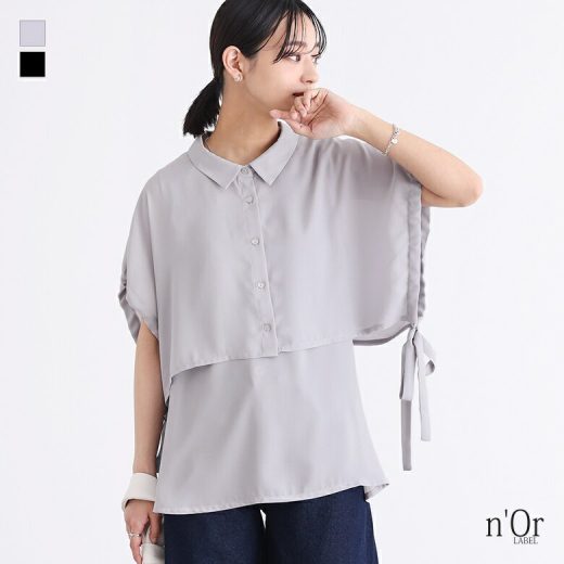 シャツ レディース トップス 半袖 5分袖 春 夏 シフォン リボン フェイクレイヤード ケープ 透け感 ボタンシャツ ブラウス 薄手 Vネック 調節可能 ゆったり 大きいサイズ 体型カバー 二の腕カバー 着回し※メール便可※【10】