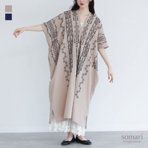 【送料無料】ワンピース レディース コットンワンピ ロング丈 半袖 Vネック 刺繍 配色 無地 綿100％ コットン100％ スリット 落ち感 レイヤード 重ね着 ゆったり 大きめ 楽ちん 春 夏 オシャレウォーカー【メール便不可】【20】