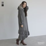 パーカーワンピース 長袖 レディース ワンピース ロングワンピース ロングワンピ パーカーワンピ スウェットワンピース 裏シャギー 秋 冬 フード付き フリル レース ストレッチ フーディー 大きいサイズ【メール便不可】【40】