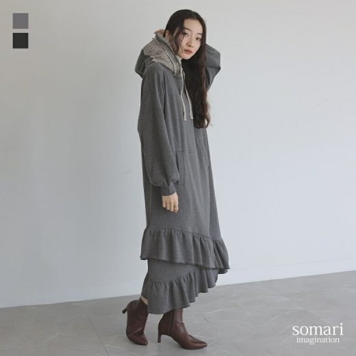 パーカーワンピース 長袖 レディース ワンピース ロングワンピース ロングワンピ パーカーワンピ スウェットワンピース 裏シャギー 秋 冬 フード付き フリル レース ストレッチ フーディー 大きいサイズ【メール便不可】【40】