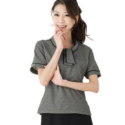 夏らしいマリンボーダー アスコットタイポロシャツ 事務服 企業制服 オフィスユニフォーム