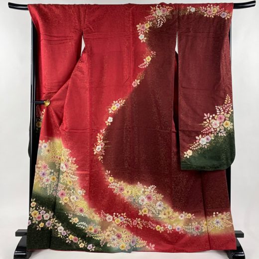 振袖 身丈167cm 裄丈70cm L 袷 徳永憲峯 落款あり 辻が花 地紋 金通し 金彩 赤 正絹 美品 逸品 【中古】 msp50