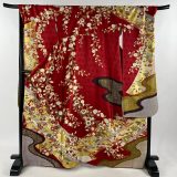 振袖 身丈168cm 裄丈72cm L 袷 菊 流水 金糸 金彩 赤 正絹 名品 【中古】