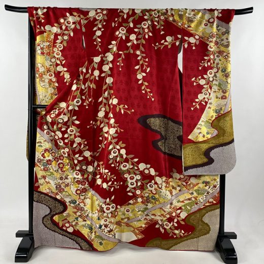 振袖 身丈168cm 裄丈72cm L 袷 菊 流水 金糸 金彩 赤 正絹 名品 【中古】
