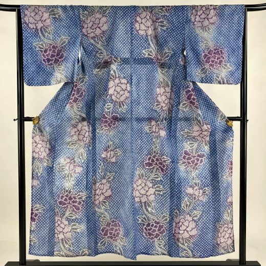 浴衣 身丈152.5cm 裄丈65cm M 絞り浴衣 牡丹 ぼかし 青 綿 名品 【中古】