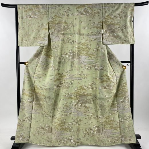 訪問着 身丈165.5cm 裄丈65cm M 袷 青山みとも 松竹梅 建物 金糸 刺繍 薄緑 正絹 美品 逸品 【中古】