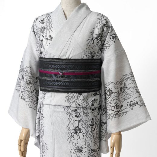 【MAX10,000円OFFクーポン配布中】撫松庵 柳に骸骨 ライトグレー 白 モノトーン セオアルファ 単衣 夏着物 浴衣 仕立て上がり 単品 30代 40代 50代
