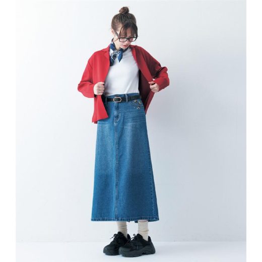 【ベルメゾン】 ミニラボ/mini labo 刺繍がかわいいデニムスカート／ミモザ ◆ S M L LL ◆ ◇ レディース 女性 スカート ロングスカート ロング ロング丈 ロング丈スカート レディーススカート ボトム ボトムス ◇