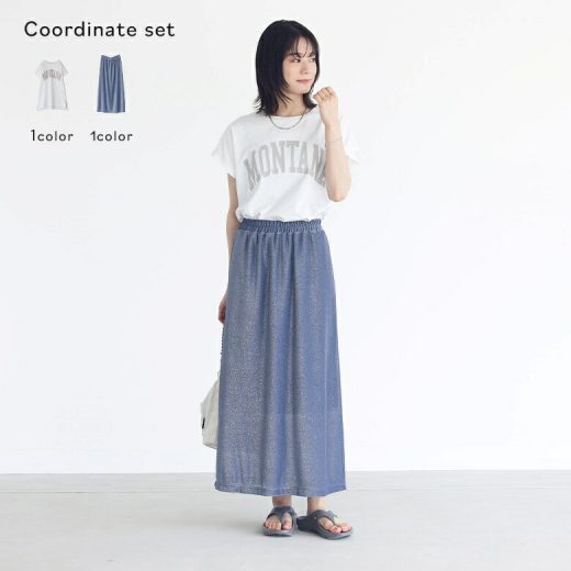 【6/5 23:59迄クーポンで20％OFF】【全品送料無料】『カレッジロゴ風フレンチ袖Tシャツ×ラメナローロングスカートコーデ2点SET』[2点コーデセット 2024 レディース Tシャツ トップス カットソー 綿100 スカート ボトムス 春夏 ]【メール便不可】【15】