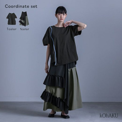【送料無料】2点コーデセット 2025 レディース カットソー トップス 半袖 Tシャツ 綿100％ クルーネック 配色 カーブライン 袖タック スカート ボトムス プリーツ 切替 フレアスカート 春 夏 オシャレウォーカー【メール便不可】【50】