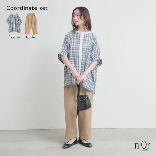 『袖タックドルマンチェックシャツ×汗じみ防止イージーバックタックパンツコーデ2点SET』[2点コーデセット 2025 レディース シャツ トップス 半袖 ブラウス パンツ ボトムス 汗じみ防止]【メール便不可】【20】