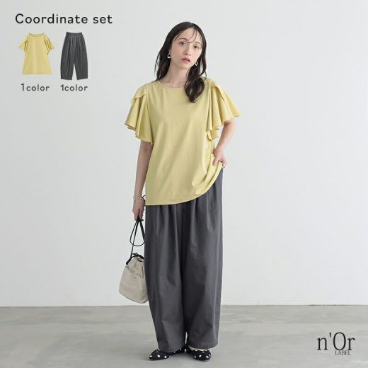 2点コーデセット 2025 レディース カットソー Tシャツ 半袖 トップス フレアスリーブ コットン混 綿混 クルーネック パンツ ボトムス ロング 吸水速乾 接触冷感 ひんやり 薄手 春 夏 オシャレウォーカー【メール便不可】【20】