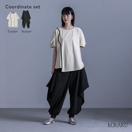 【送料無料】2点コーデセット 2025 レディース カットソー トップス 半袖 Tシャツ 綿100％ クルーネック 配色 カーブライン 袖タック サルエルパンツ ロング ボトムス 接触冷感 個性派 春 夏 オシャレウォーカー【メール便不可】【30】