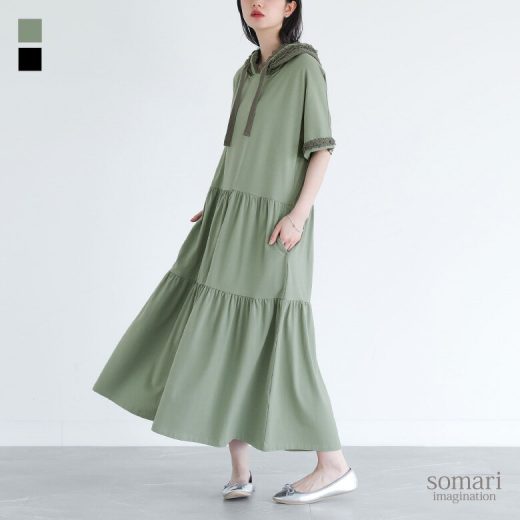 【6/11 12:59迄クーポンで20％OFF】【全品送料無料】ワンピース 半袖 五分袖 レディース ロング丈 カットワンピ 体型カバー 綿混 ポケット ティアード レース ロングワンピース 配色 無地 コットン混 異素材MIX 春 夏 オシャレウォーカー【メール便不可】【30】
