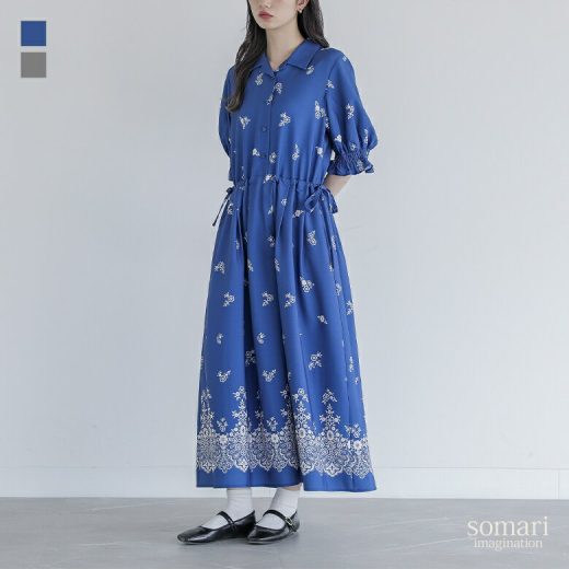 ワンピース レディース ドレス ロング丈 半袖 花柄 プリント スカラップレース キャンディスリーブ 開襟 ウエストリボン ロングワンピース マキシワンピース 花柄ワンピース フラワー 春 夏 オシャレウォーカー【メール便不可】【20】