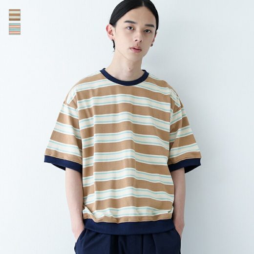 Tシャツ メンズ トップス カットソー プルオーバー カットソーTシャツ 半袖 5分袖 春 夏 クルーネック 綿100％ リンガーネック リブ 配色 マルチ ボーダー柄 ゆったり【メール便不可】【20】