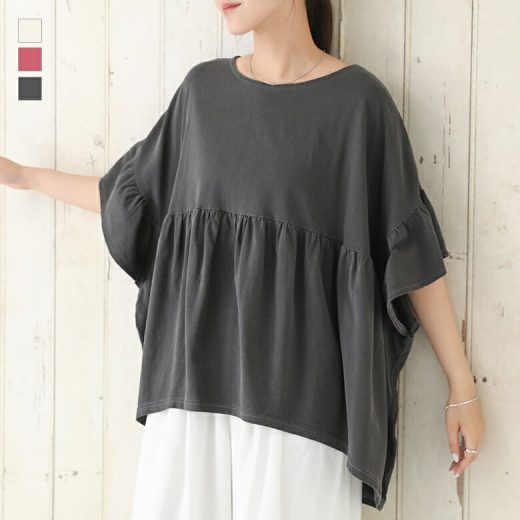 Tシャツ レディース カットソー 半袖 クルーネック プルオーバー フレア袖 ギャザー 綿100 コットン100 シンプル 無地 トップス チュニック 五分袖 フレアスリーブ フレア 後ろ下がり 夏 オシャレウォーカー【メール便不可】【30】