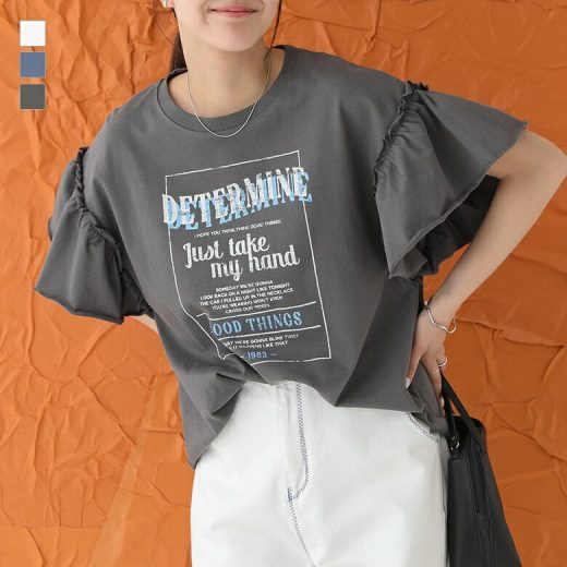 Tシャツ レディース トップス 半袖 クルーネック カットソー プリントT ロゴ フリル 袖デザイン ロゴT 綿混 フレアスリーブ ボリューム袖 ミディ丈 ミドル丈 Aライン 変形 カジュアル 夏 オシャレウォーカー ※メール便可※【10】