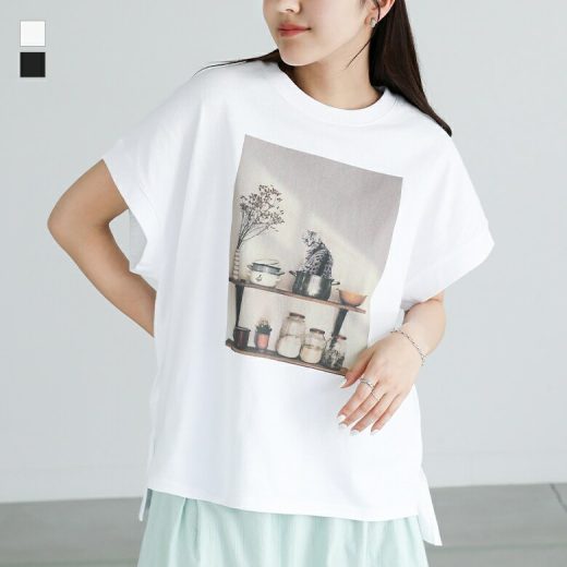 【全品送料無料】Tシャツ レディース カットソー トップス 半袖 クルーネック ミドル丈 フレンチスリーブ フォトプリント ネコ 大人女子 大人可愛い 大人カジュアル ベーシック ニュアンス ラフ コットン100％ 春 夏 オシャレウォーカー※メール便可※【10】
