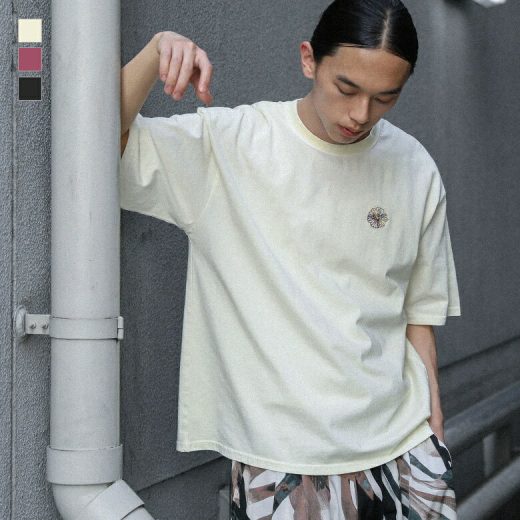 Tシャツ メンズ トップス カットソー 半袖 クルーネック 刺繍 ワンポイント フラワー 花柄 配色 インナー レイヤード 重ね着 春 夏 オシャレウォーカー※メール便可※【10】
