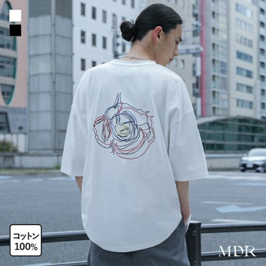 Tシャツ メンズ トップス 半袖 カットソー 刺繍 花柄 フラワー 線画 クルーネック 綿100％ オーバーサイズ レイヤード 重ね着 五分袖 春 夏 オシャレウォーカー※メール便可※【10】
