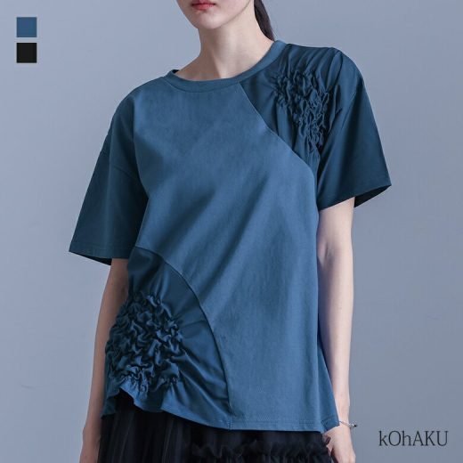 カットソー レディース トップス 半袖 Tシャツ クルーネック シャーリング 異素材 綿 コットン プルオーバー ミドル丈 切り替え 配色 無地 二の腕カバー 春 夏 オシャレウォーカー※メール便可※【10】