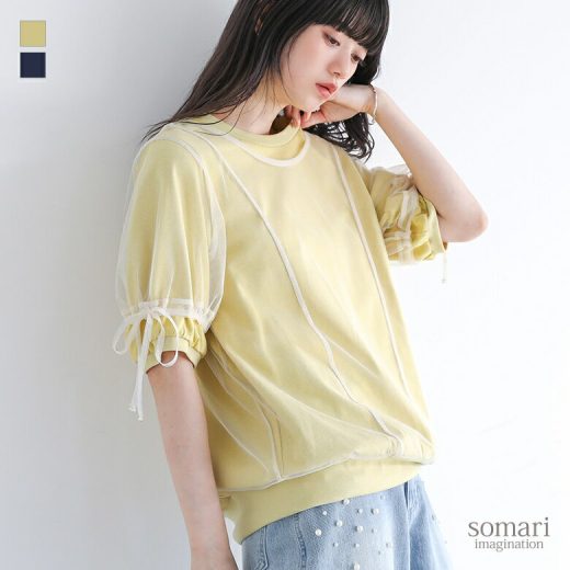 カットソー レディース トップス 半袖 Tシャツ チュール レイヤード 重ね着 ドロスト リボン 異素材 ドッキング シアー 透け感 綿100％ 春 夏 オシャレウォーカー※メール便可※【10】